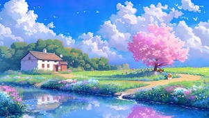 蓝天白云树木河流