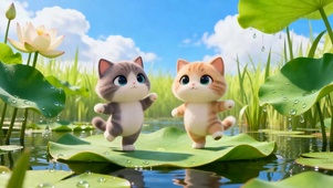 荷花上两只猫咪