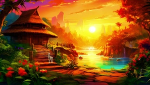 夕阳下郊外的茅草屋