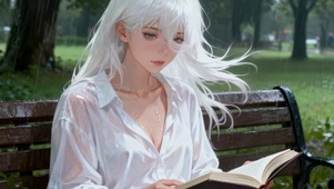 公园雨幕银发白衫女孩阅读意境