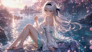 樱花湖畔白发少女