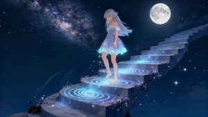 星空月光下梦幻女孩的回家之路