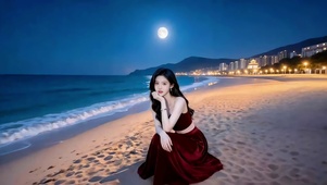 海滩上优雅的玫红绒裙的美女