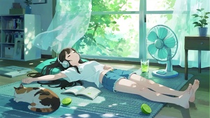治愈动画  夏日午睡的少女与猫