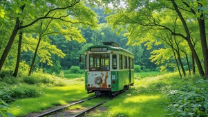 林间光影里的旧电车