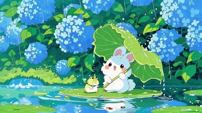 雨中小兔和它的青蛙朋友