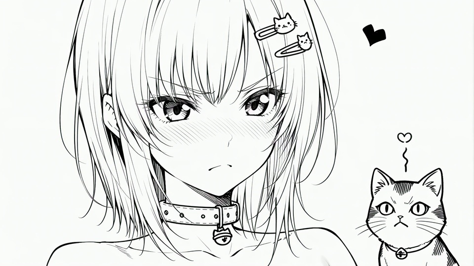 黑白线稿风格，短发少女带小猫发夹与铃铛项圈，右侧立着同款神态的生气小猫，画面点缀黑桃爱心装饰。