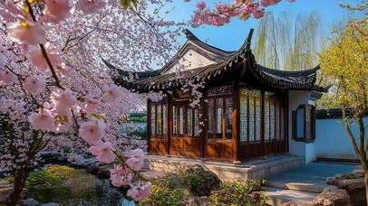 春日清新古亭花园庭院