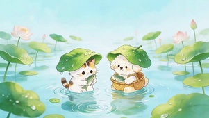 夏日荷塘猫咪和狗狗