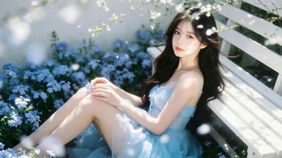 花园蓝裙少女