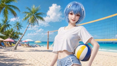 夏日沙滩蓝发二次元美少女