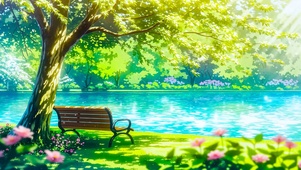 夏日湖边树下长椅