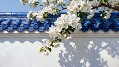 琉璃瓦房白色杏花出墙唯美小清新