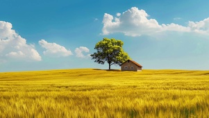 唯美的麦田小屋风景