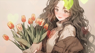 手捧郁金香插画女孩