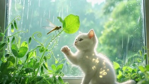 雨天窗边的可爱白奶猫