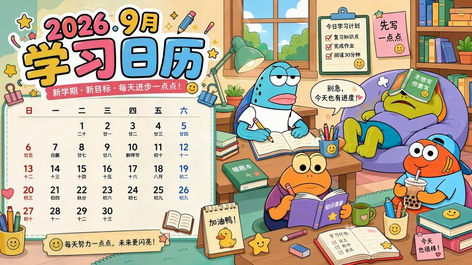 2026年9月学习日历卡通学习场景插画