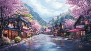 春日朦胧山下小镇街景