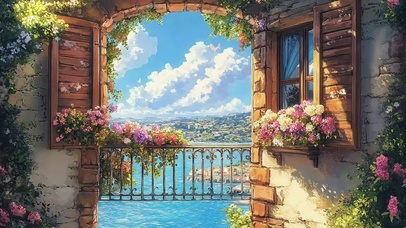 阳光大海鲜花夏日窗台