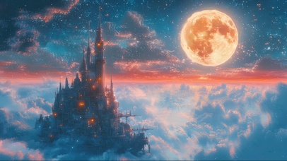 云上圆月魔法城堡星空