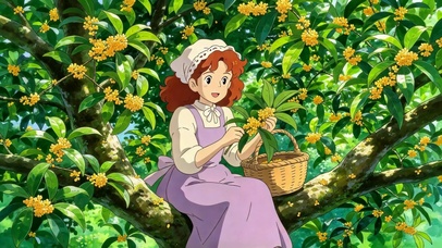 秋天桂花树摘花的动漫少女