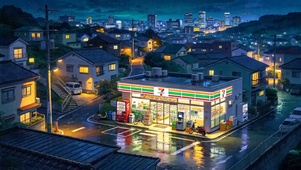 雨夜小镇便利店