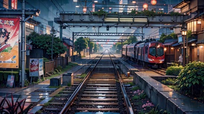 城市火车铁轨雨景
