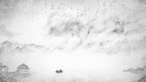 水墨山水孤舟楼阁意境国风画