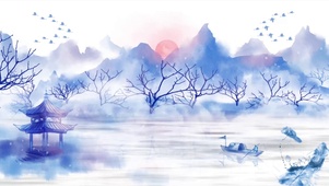 国风山水红日