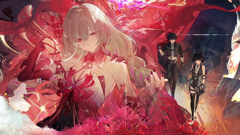 红金渐变二次元插画，前景为红瞳浅金长发少女，身后两名黑衣角色与层叠红色花簇