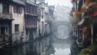 烟雨朦胧江南水乡建筑