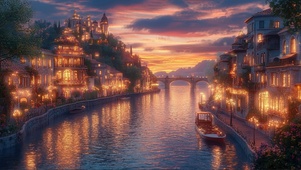 浪漫晚霞河岸温馨小镇