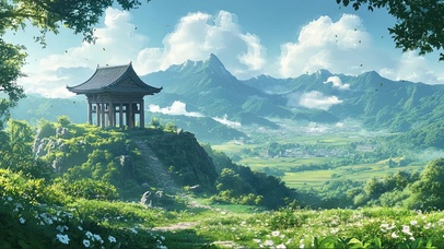 绿色草原山顶古亭风景