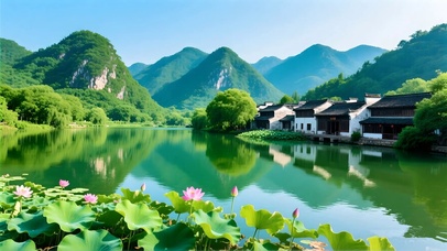 绿色护眼山水荷花