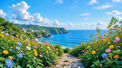 蓝天下的海岸野花小径