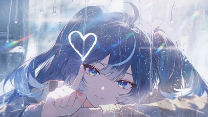 蓝发少女 雨窗爱心
