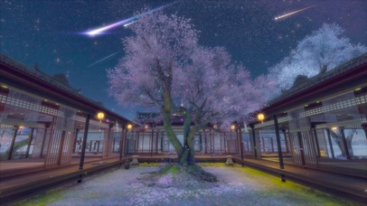 唯美夜晚流星樱花庭院