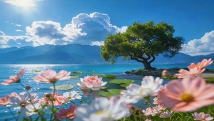 蓝色海边鲜花