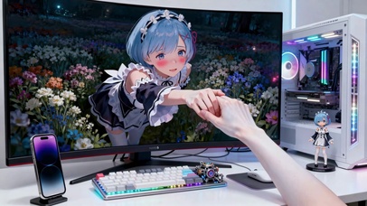 蓝发白丝雷姆穿越屏幕与主人互动