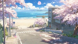 护眼动漫日系海边樱花阳光道路