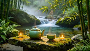幽静溪流竹林品茶