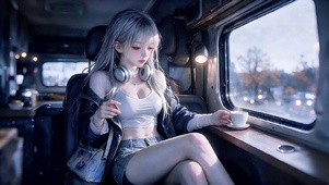 房车内惬意喝茶听歌的少女