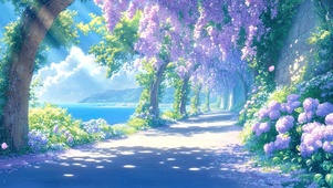 海边小路阳光紫花