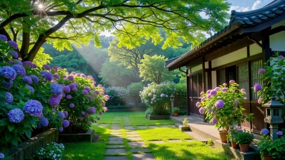 清晨阳光庭院风景