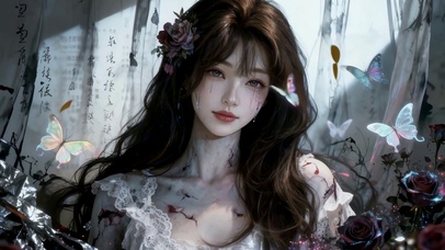 颓废风废墟花丛中的蝴蝶女孩