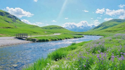 清新治愈远山河流草地风光