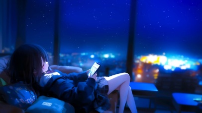 夜晚窗边少女