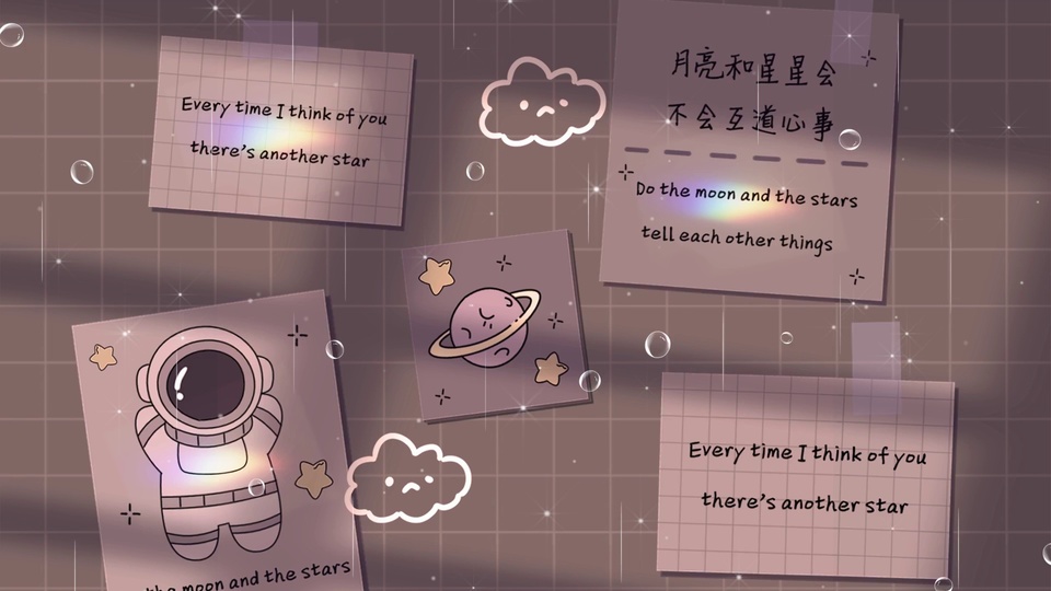 低饱和灰紫网格背景上，Q版线稿宇航员朝向带浅棕星环的微笑粉色星球，旁侧有手写便签、委屈表情小云与散落的透明泡泡星闪光效。
