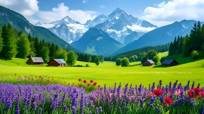 清新雪山下花草树木