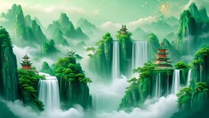 绿色瀑布山水画